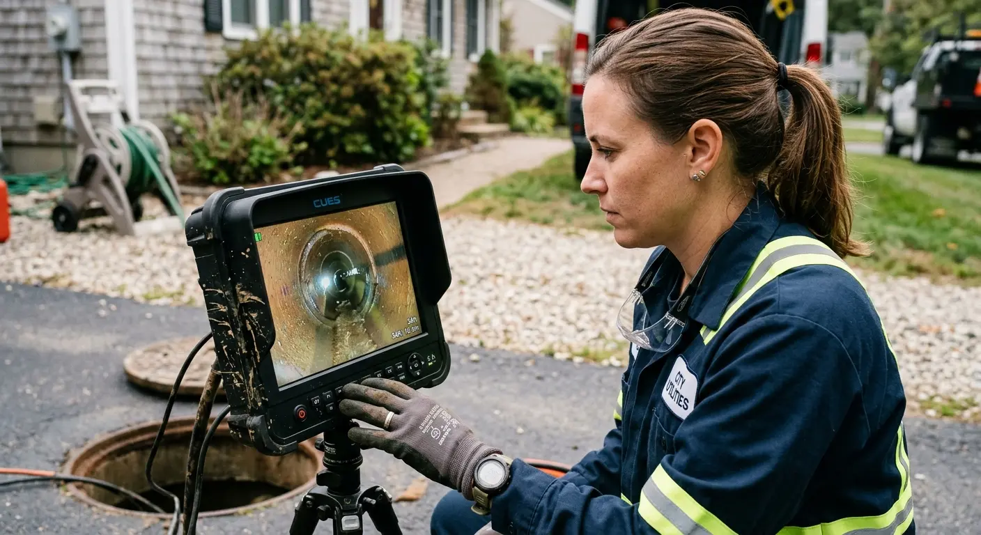 Technician reviewing sewer camera inspection footage in East Pennsboro