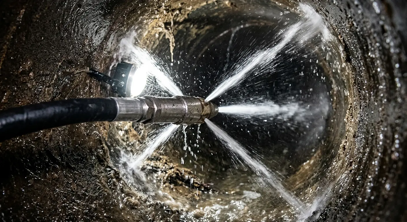 High-pressure hydro jetting nozzle cleaning sewer pipe for Trenchless Sewer Repair in East Pennsboro