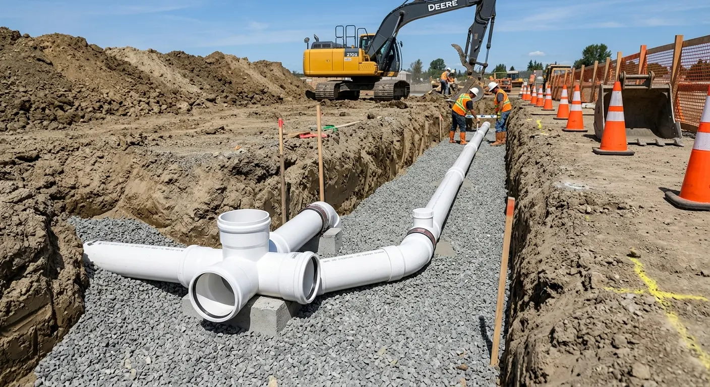 New PVC sewer pipe installation in open trench for Commercial Drain Cleaning in East Pennsboro