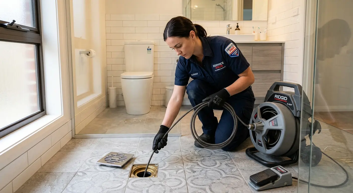 Technician clearing a bathroom floor drain for Clogged Drain Repair in East Pennsboro